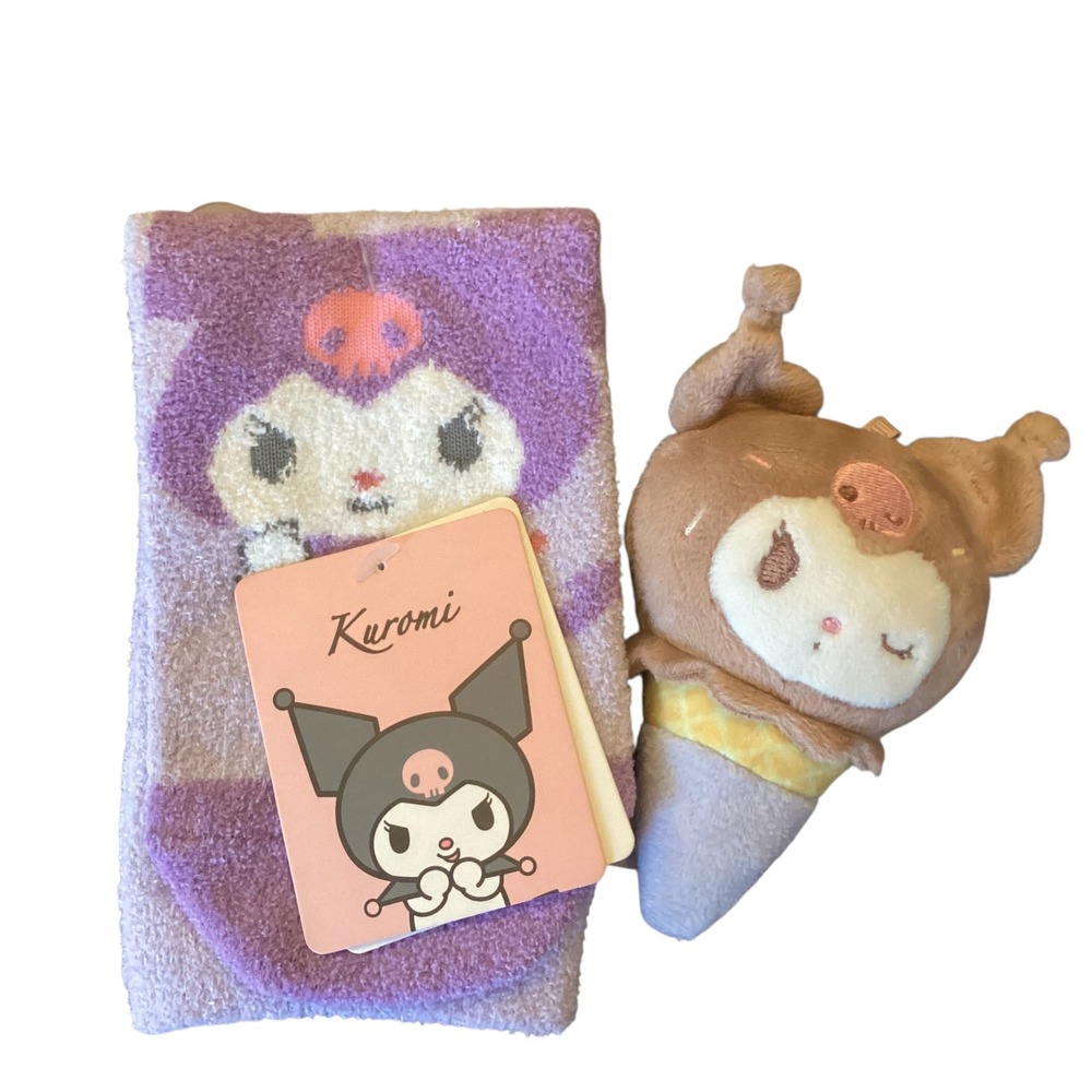 Sanrio Kuromi Miniso Fuzzy Socks and Gund Ice Cream Plush Keychain Bundle Purple